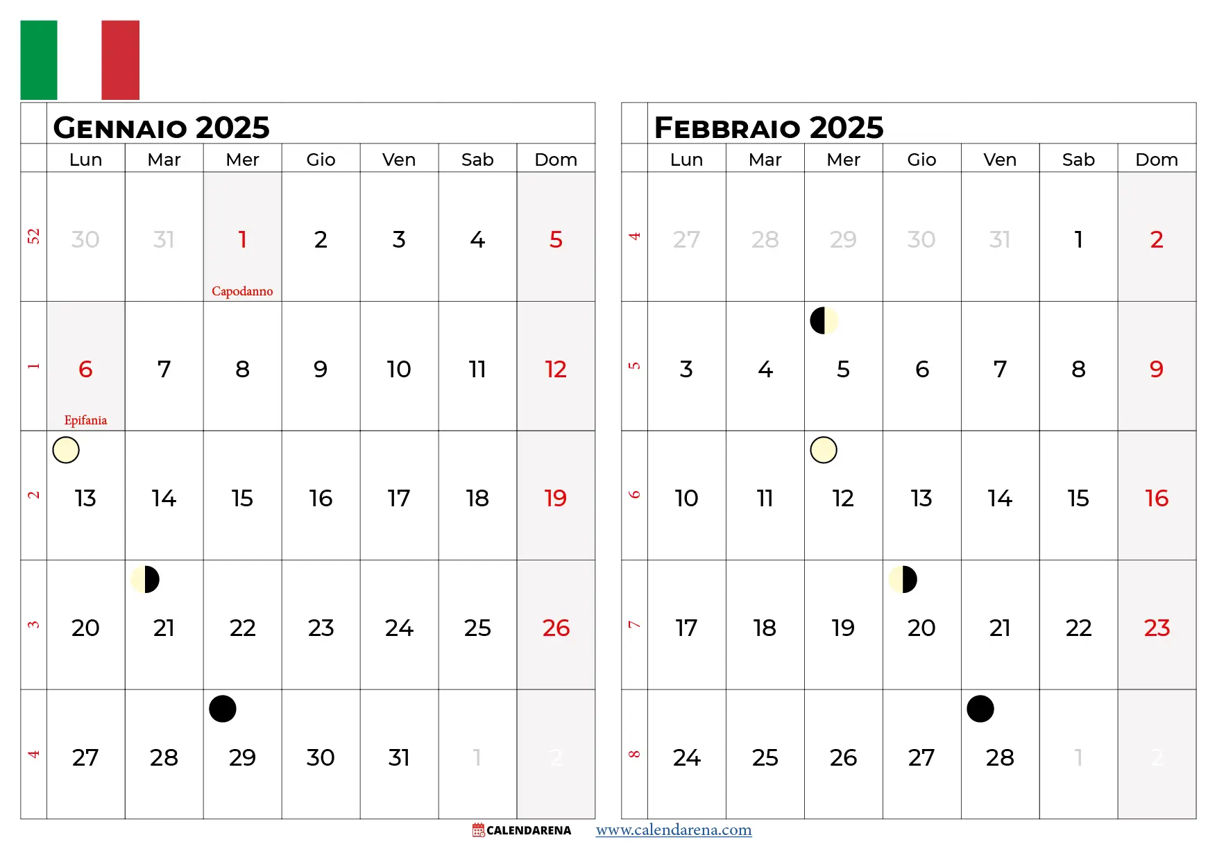 Calendario Gennaio Febbraio 2025