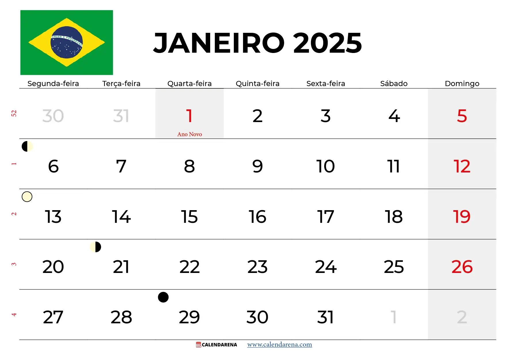 Calendário Janeiro 2025