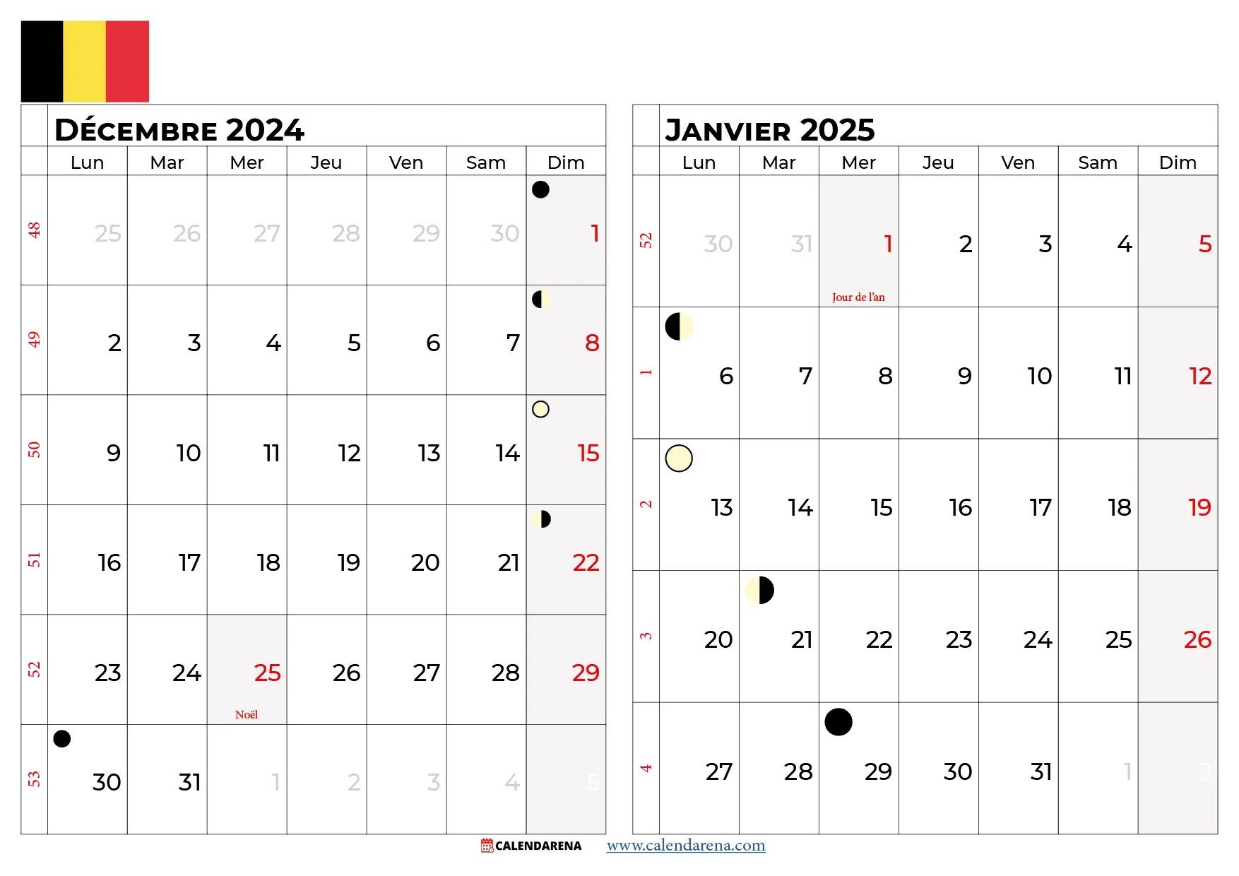 Calendrier Décembre 2024 Janvier 2025 Belgique