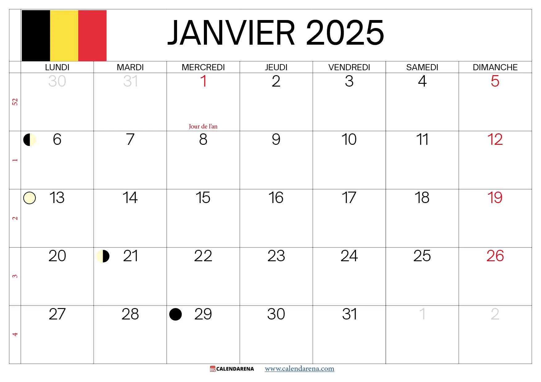 Calendrier Janvier 2025 À Imprimer Belgique