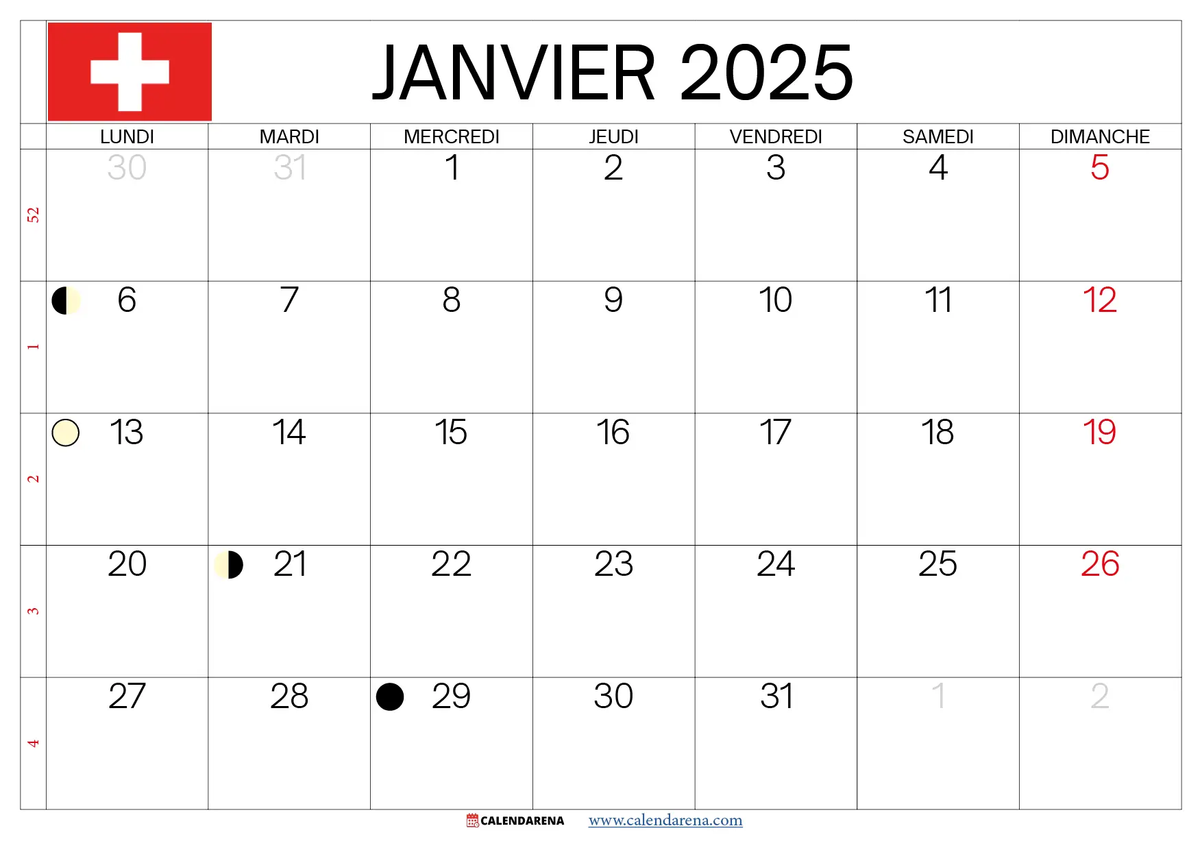 Calendrier Janvier 2025 À Imprimer Suisse