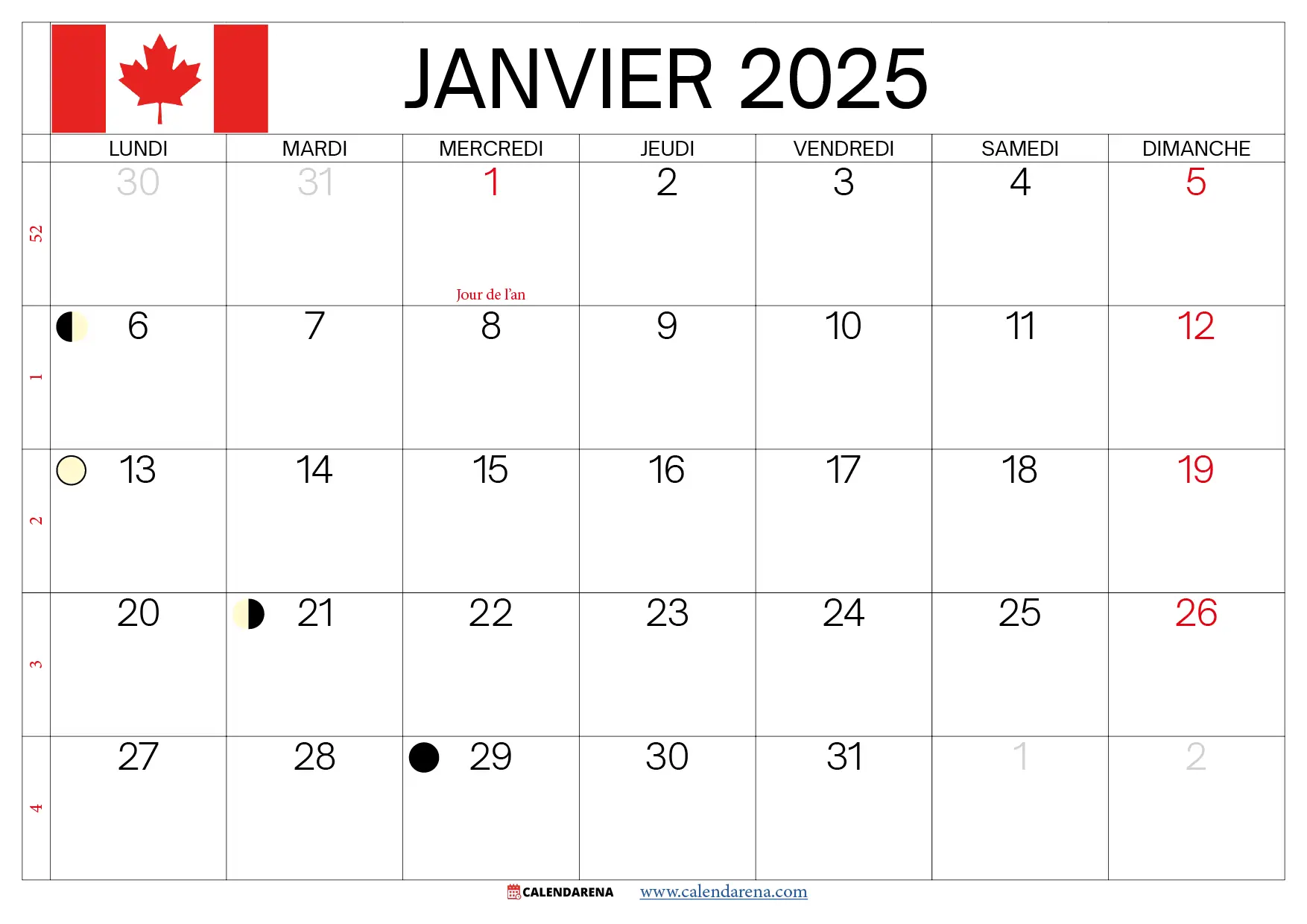 Calendrier Janvier 2025 À Imprimer québec