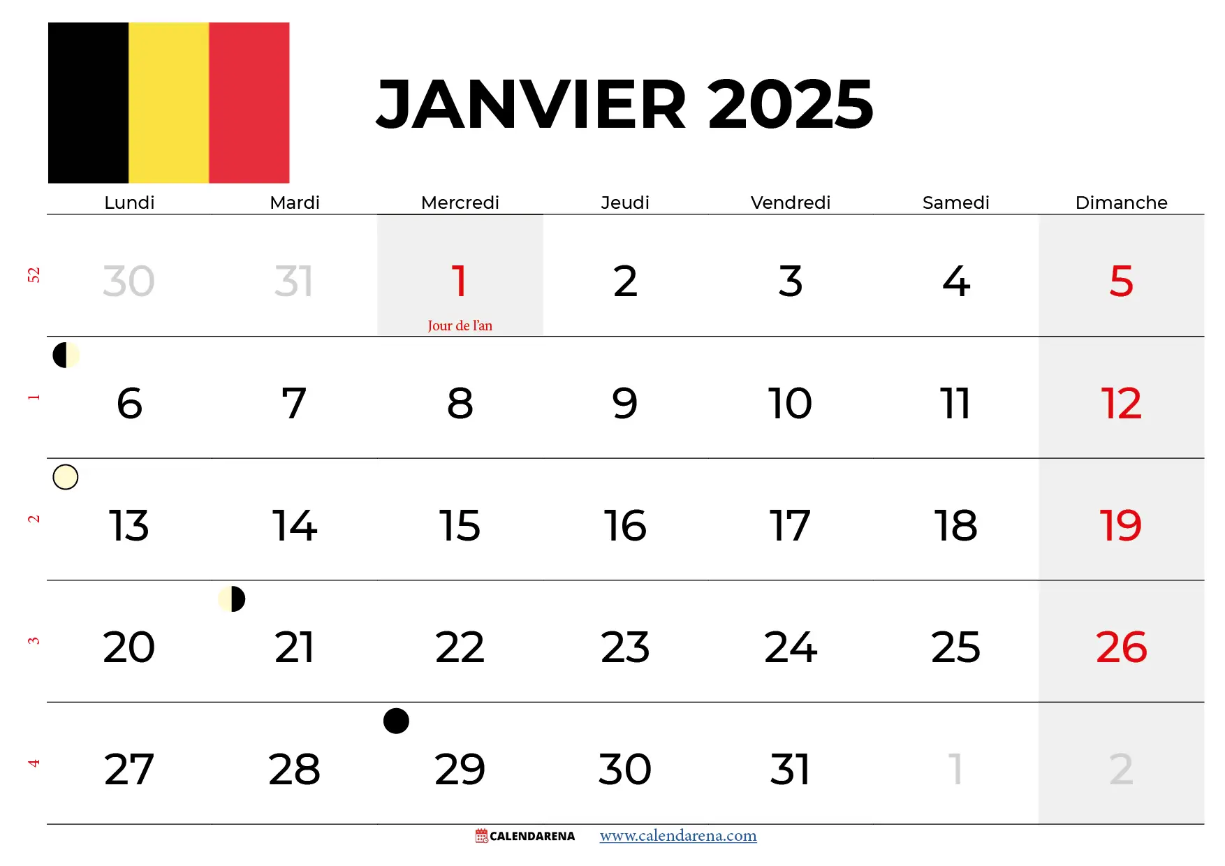 Calendrier Janvier 2025 Belgique