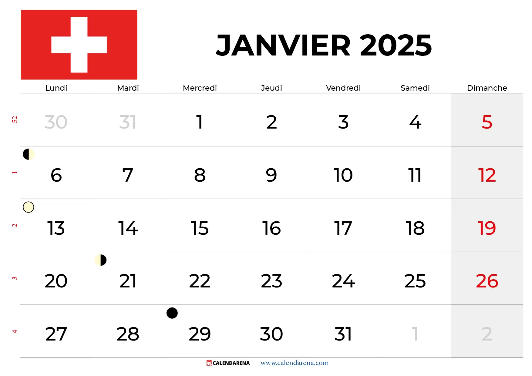 Calendrier Janvier 2025 Suisse