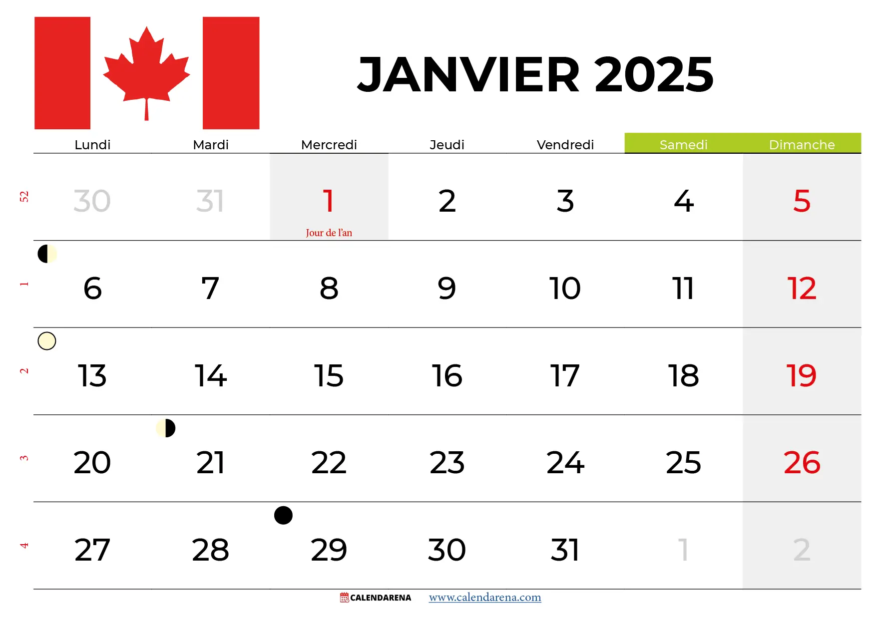 Calendrier Janvier 2025 québec