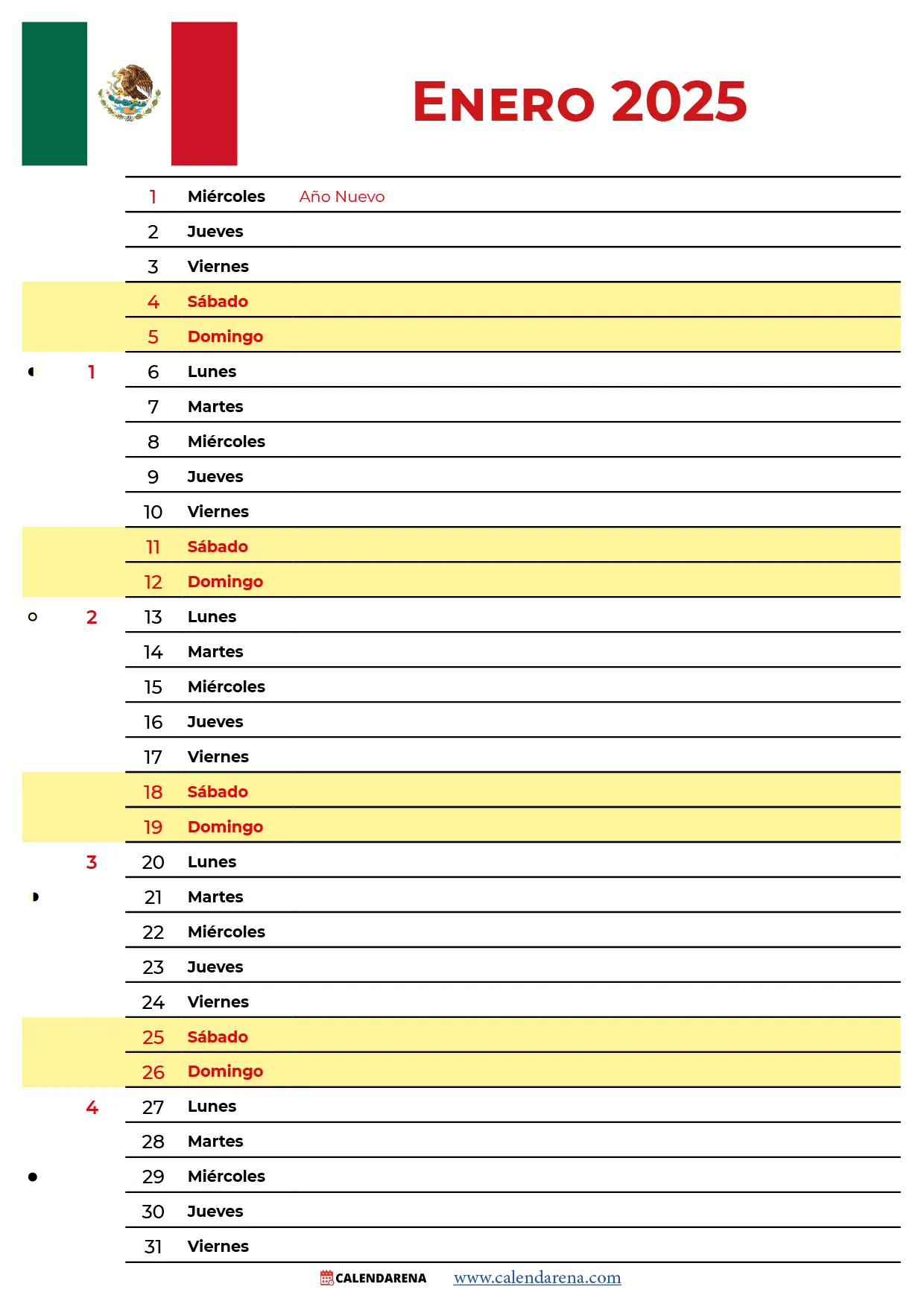 Enero 2025 Calendario Mexico