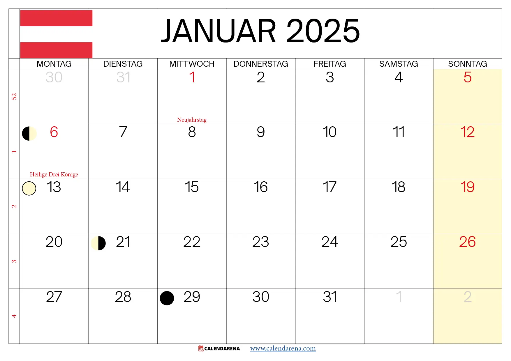 Januar 2025 Kalender Österreich