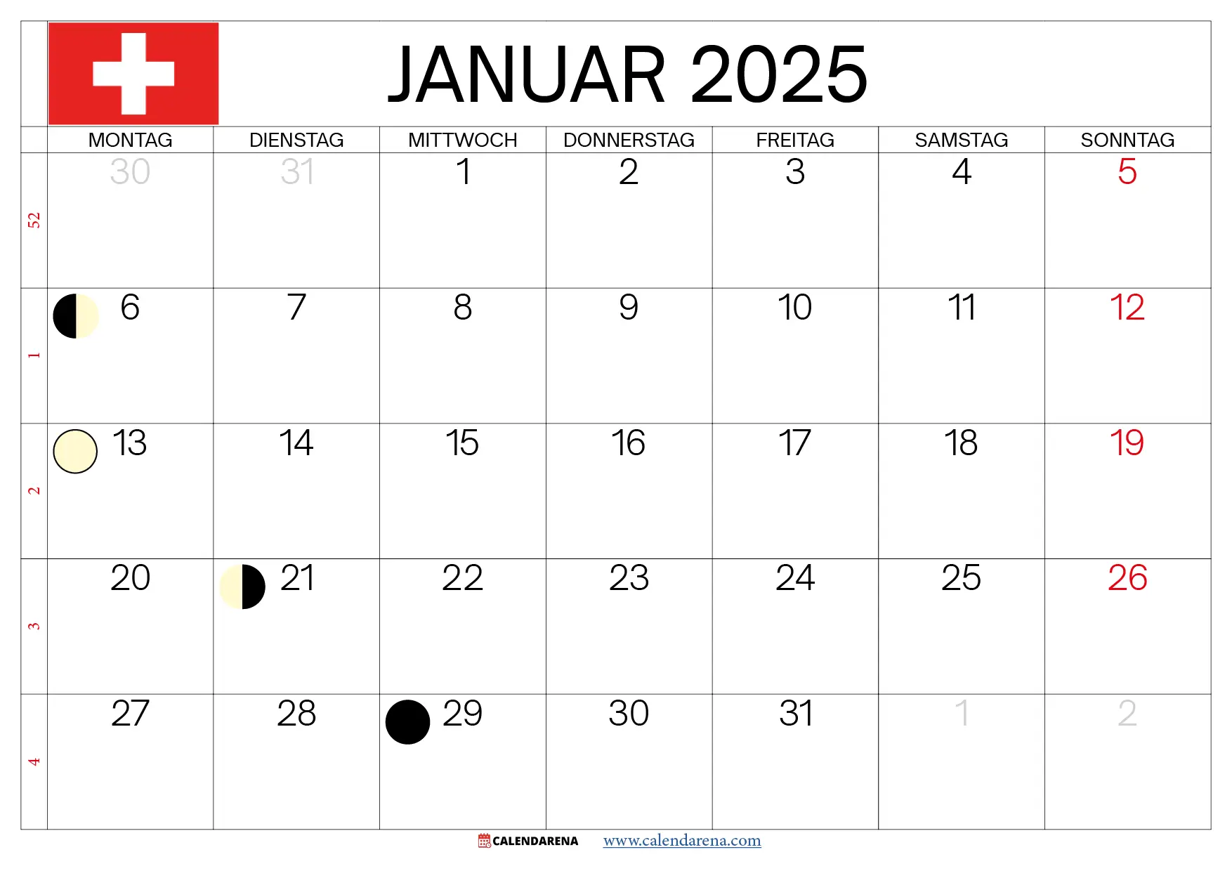 Januar 2025 Kalender schweiz