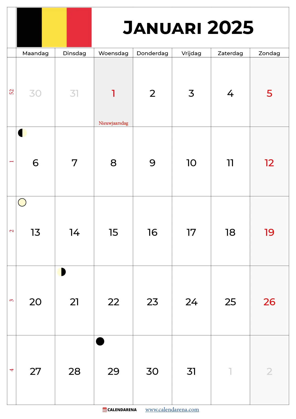 Januari 2025 Kalender België