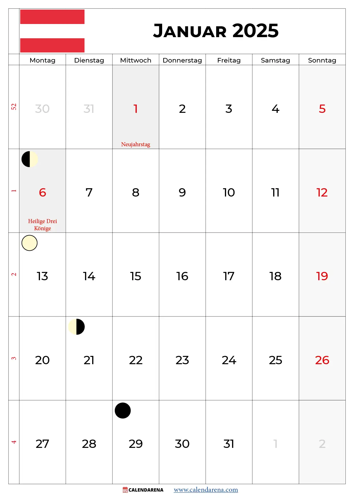 Kalender 2025 Januar Österreich