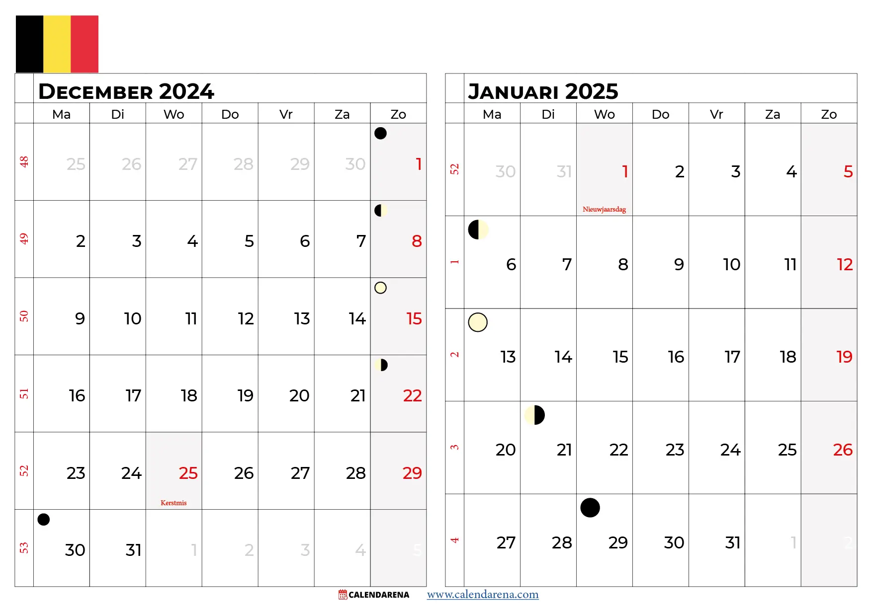 Kalender December 2024 Januari 2025 België