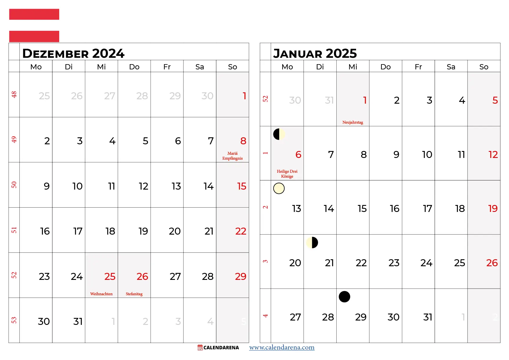 Kalender Dezember 2024 Januar 2025 Österreich