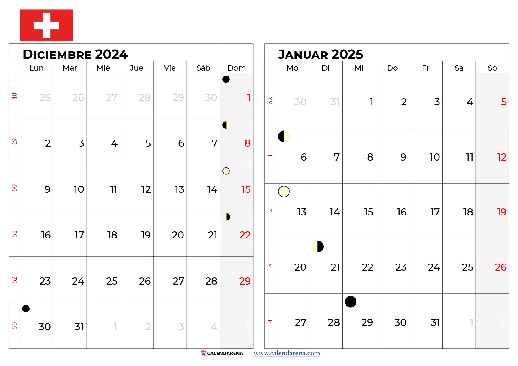 Kalender Dezember 2024 Januar 2025 schweiz