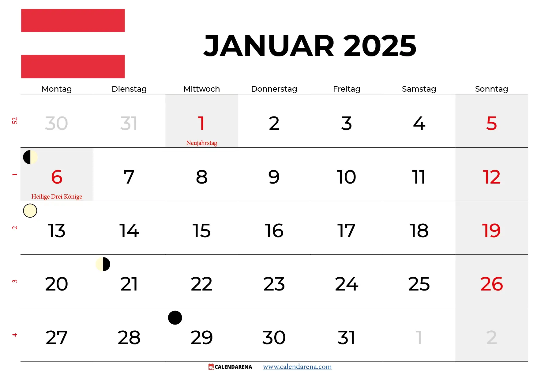 Kalender Januar 2025 Österreich