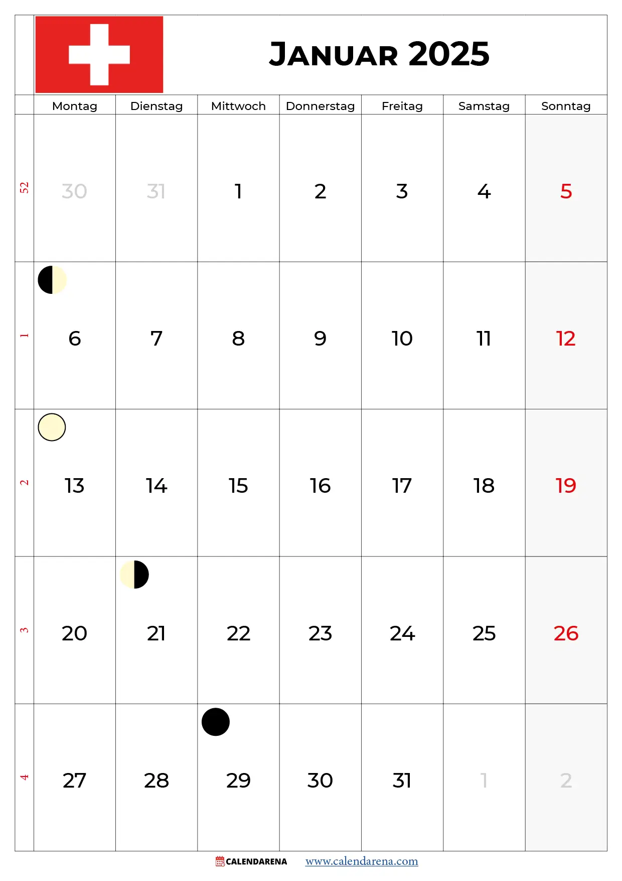 Kalender Januar 2025 Zum Ausdrucken schweiz