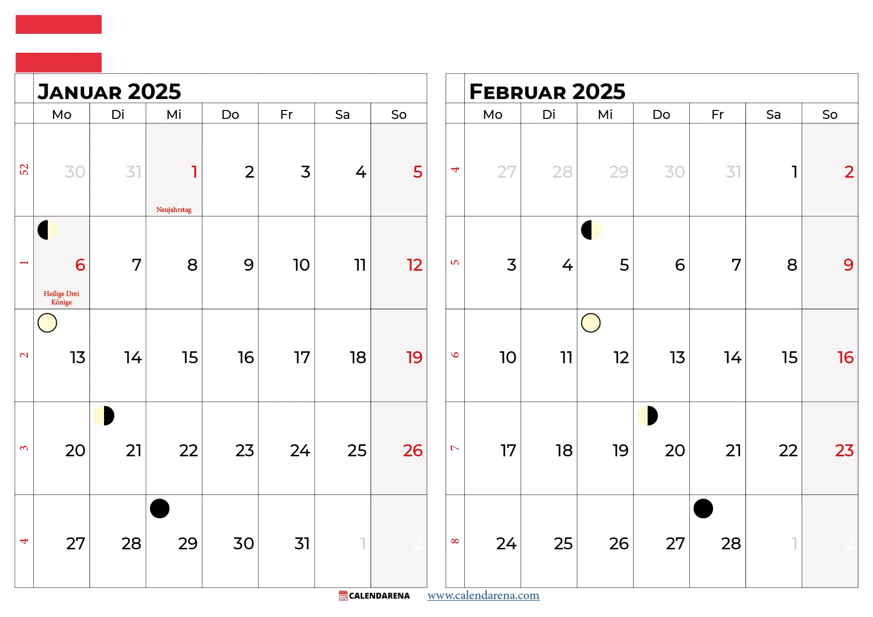 Kalender Januar Februar 2025 Österreich