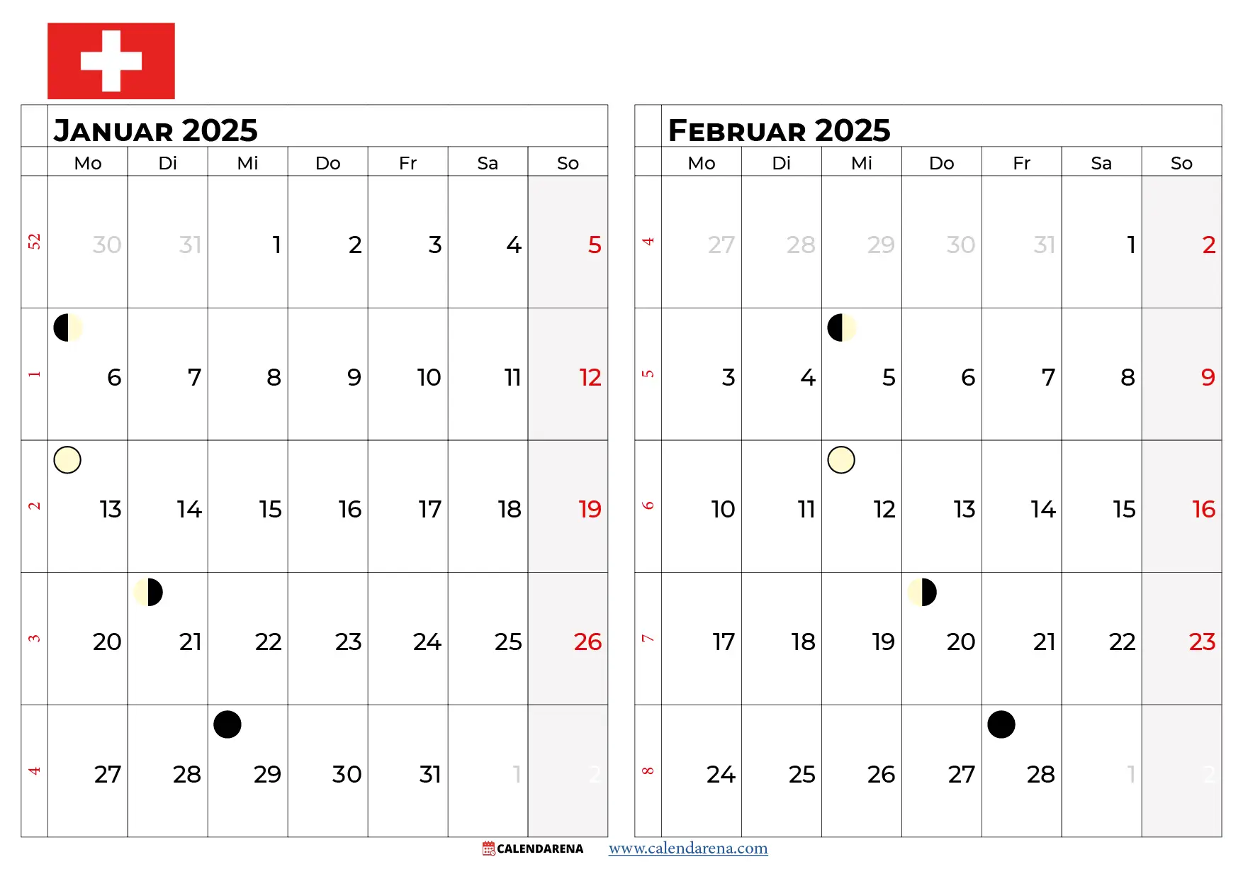 Kalender Januar Februar 2025 schweiz