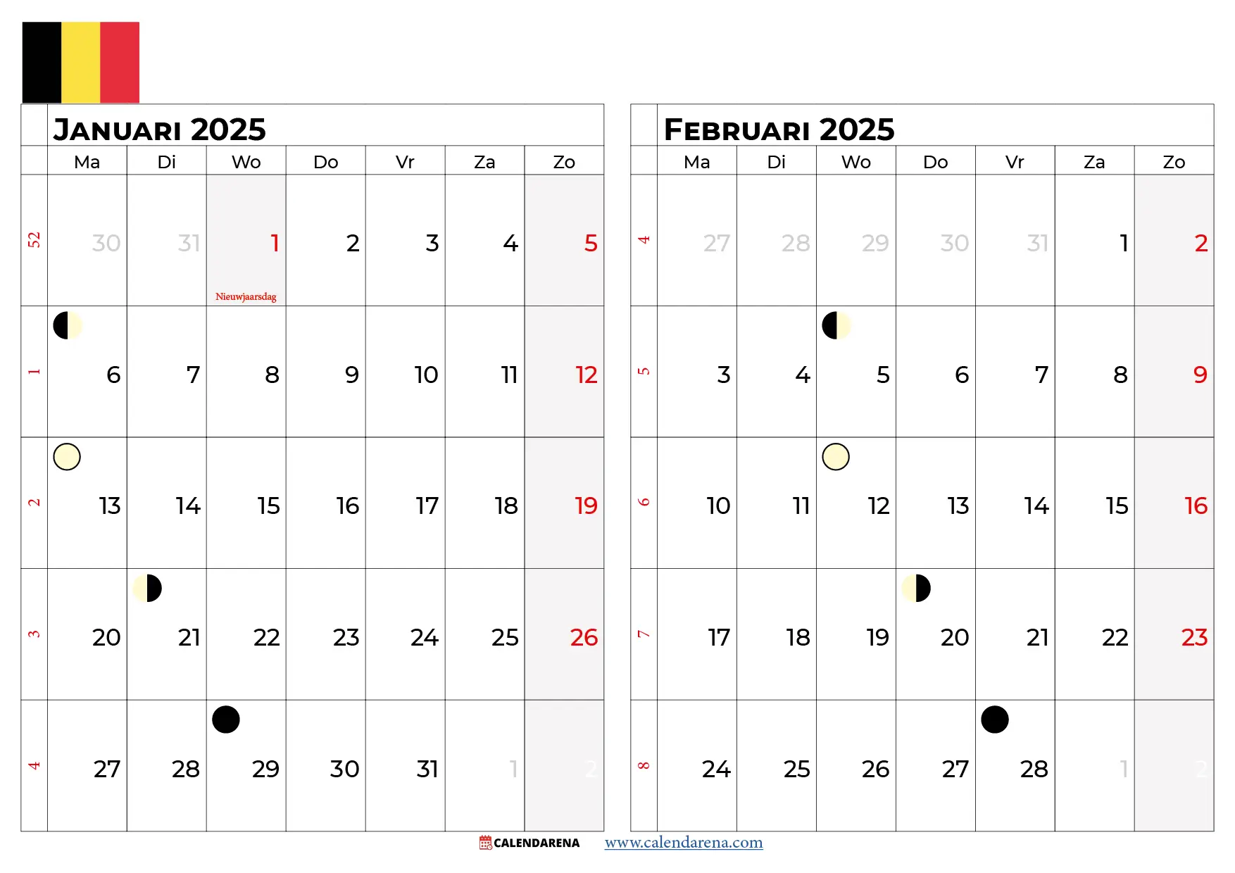 Kalender Januari Februari 2025 België