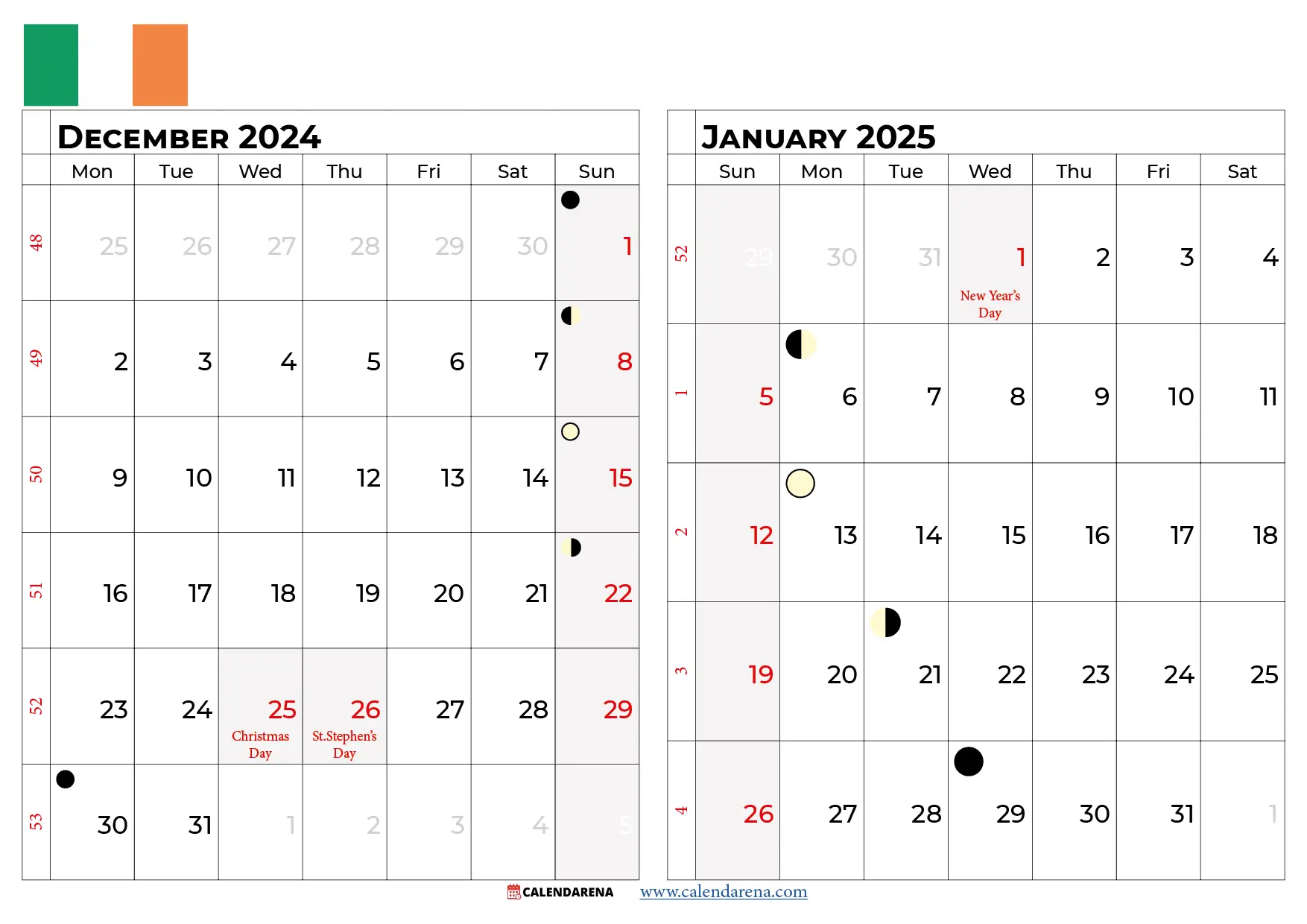 calendar december 2024 january 2025 Ireland