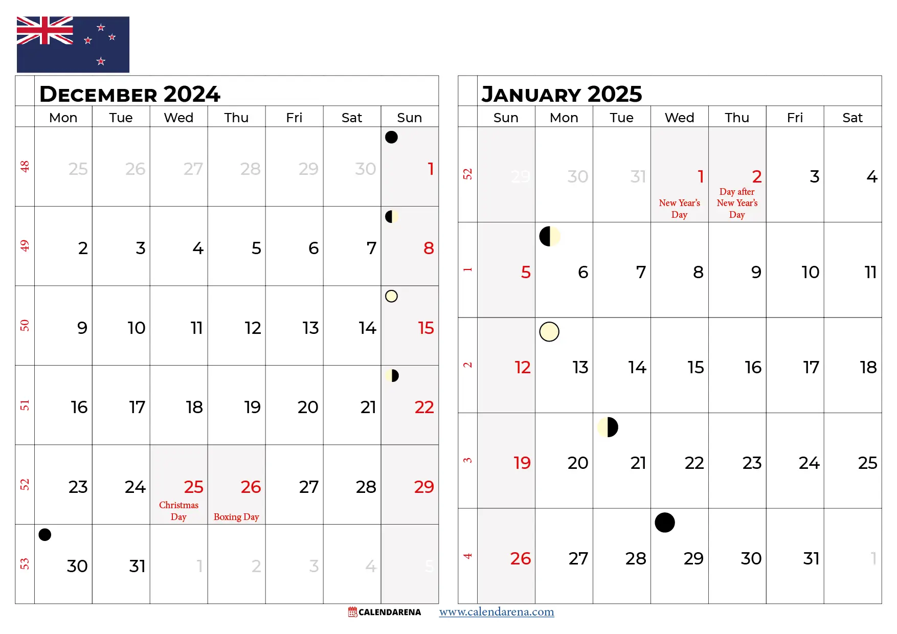 calendar december 2024 january 2025 NZ