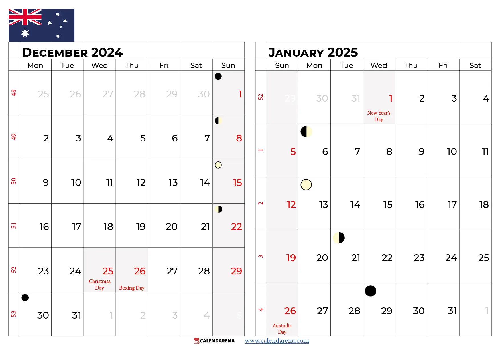 calendar december 2024 january 2025 australia