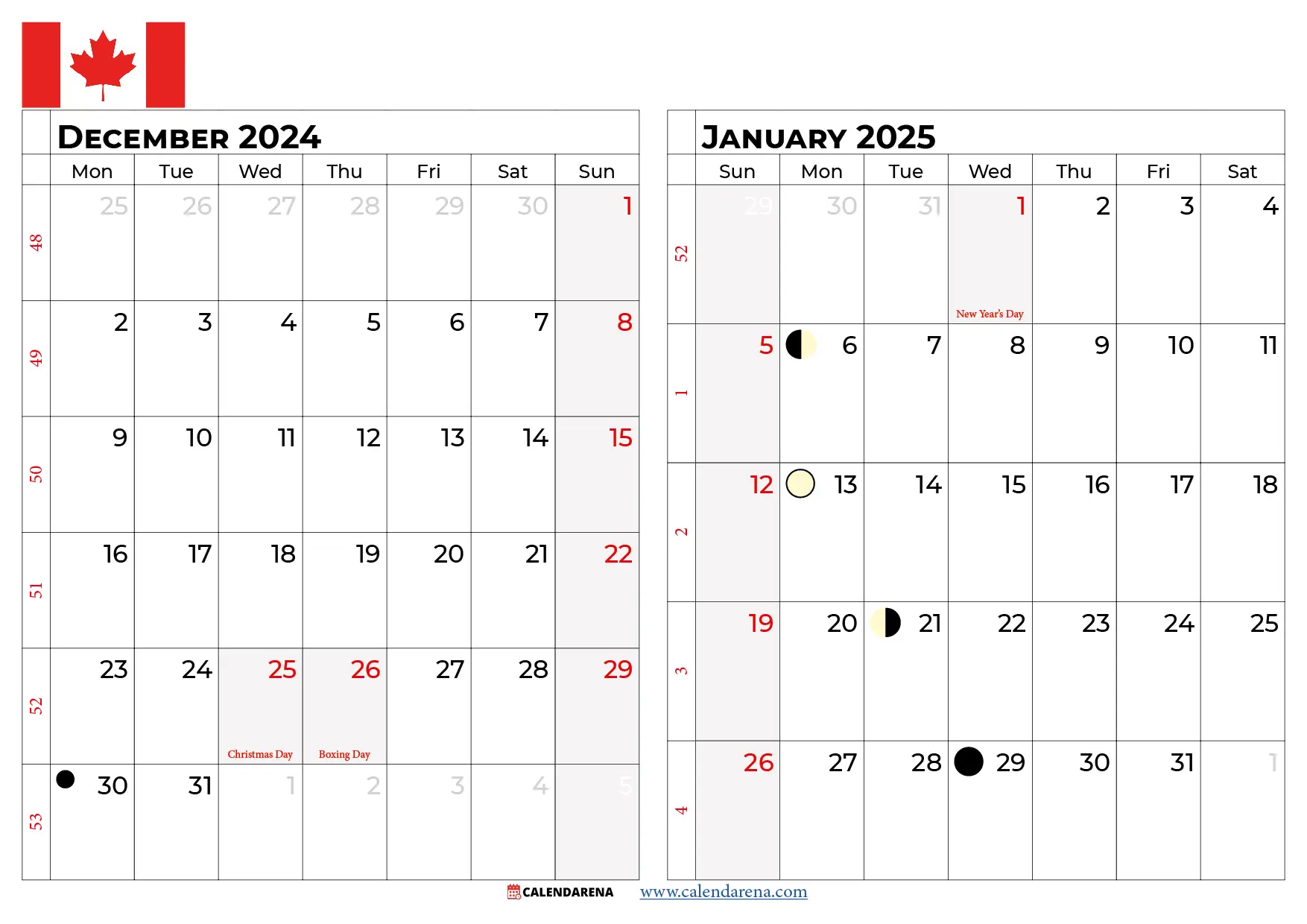 Calendar December 2024 January 2025 Canada