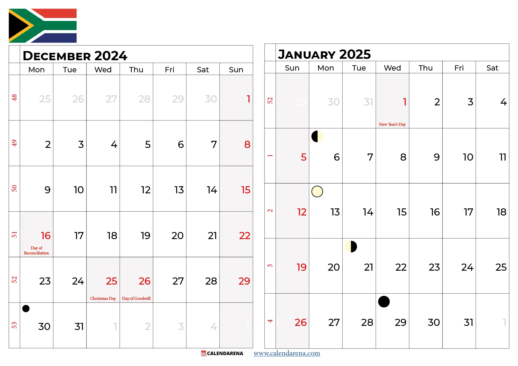 calendar december 2024 january 2025 south africa
