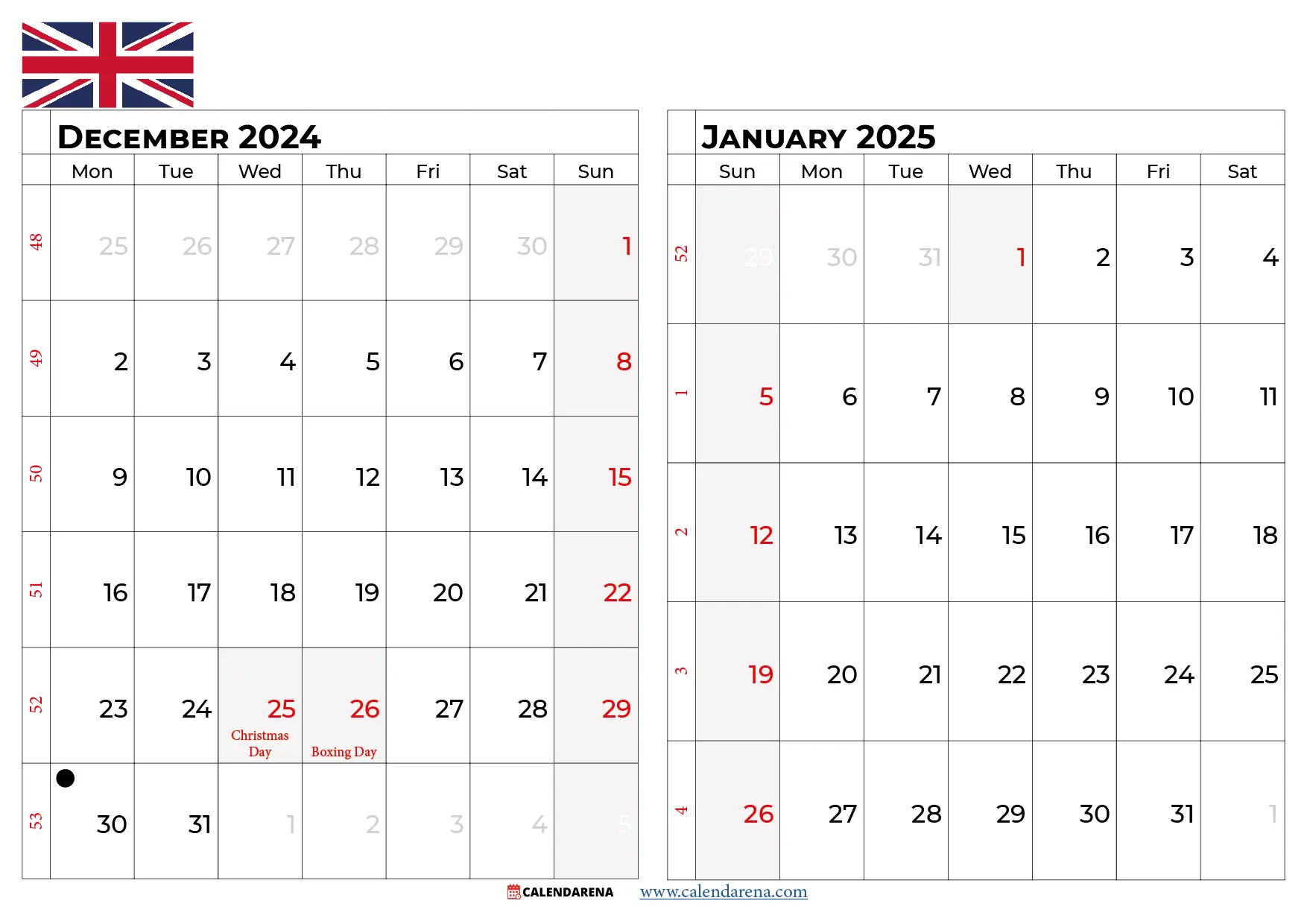 calendar december 2024 january 2025 uk