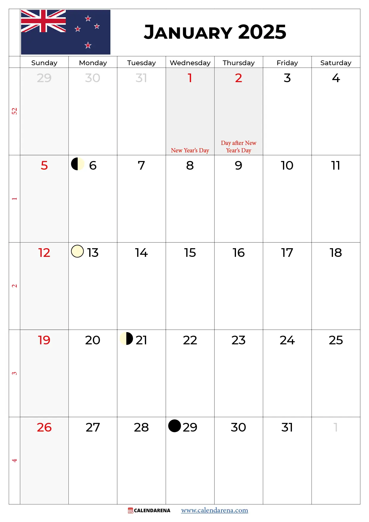calendar january 2025 NZ