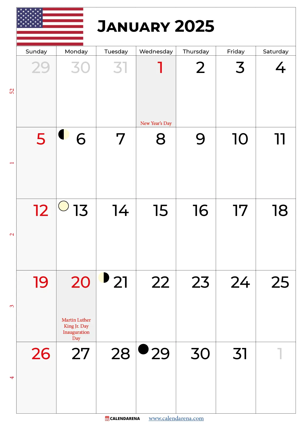 calendar january 2025 USA