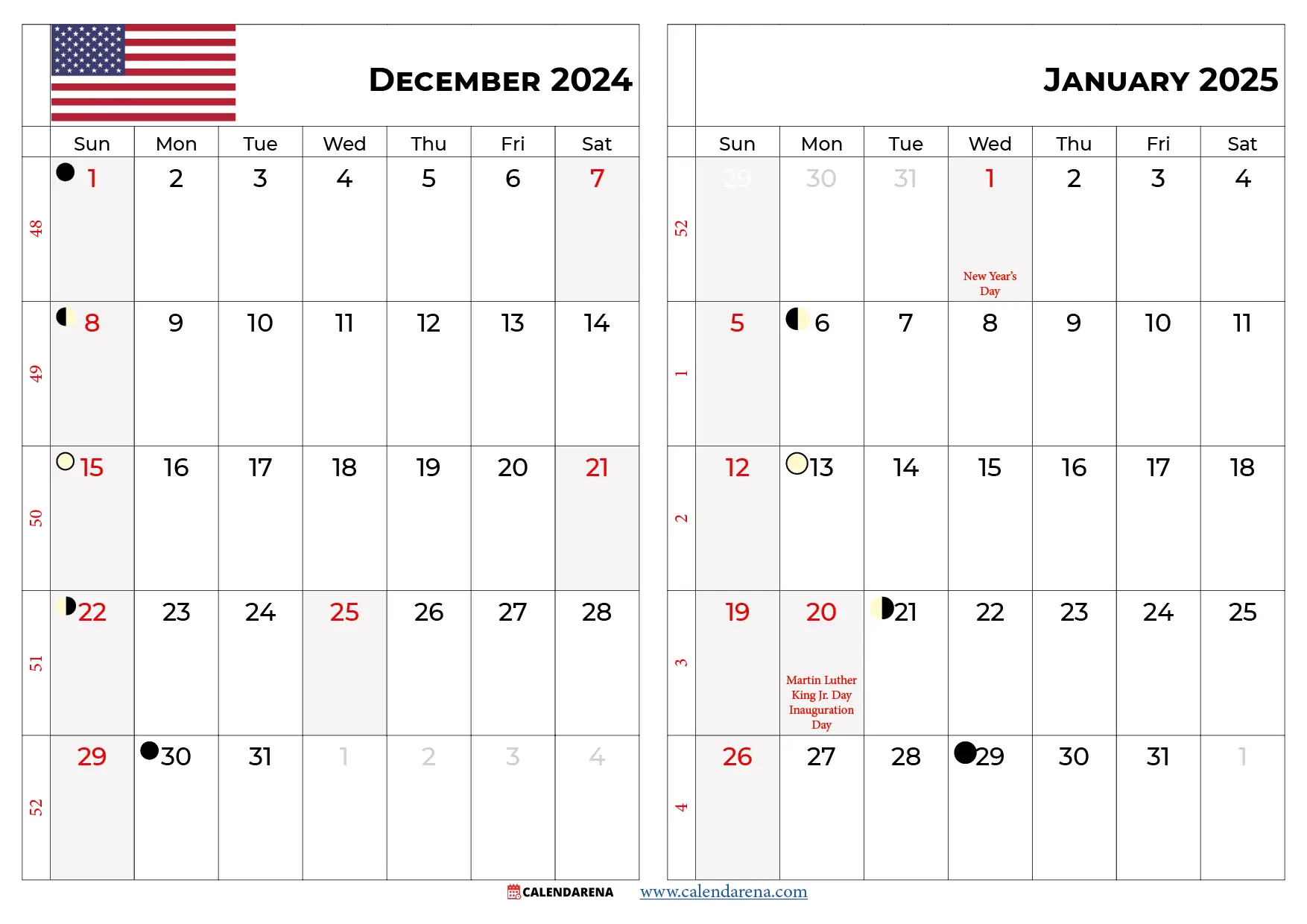 december 2024 january 2025 calendar usa