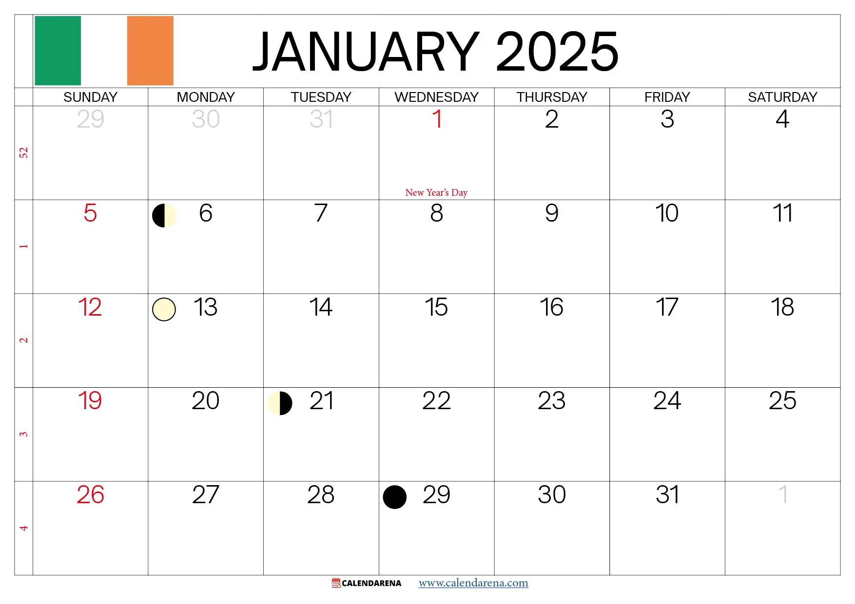 jan 2025 calendar Ireland
