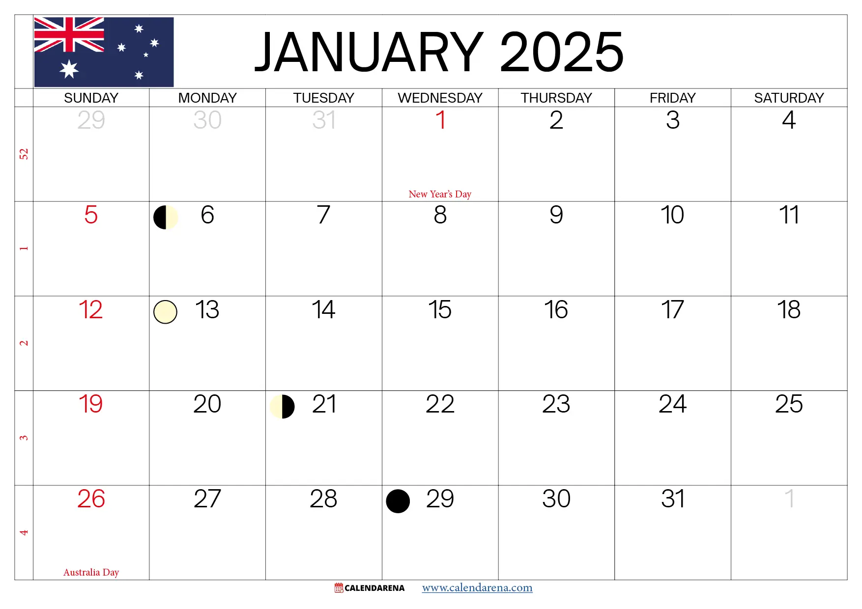 jan 2025 calendar australia