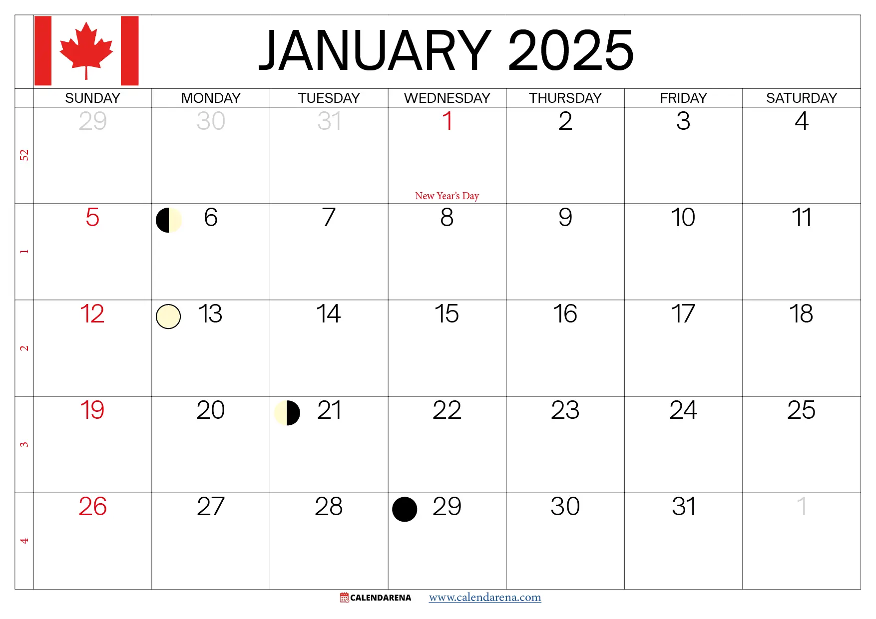 jan 2025 calendar canada