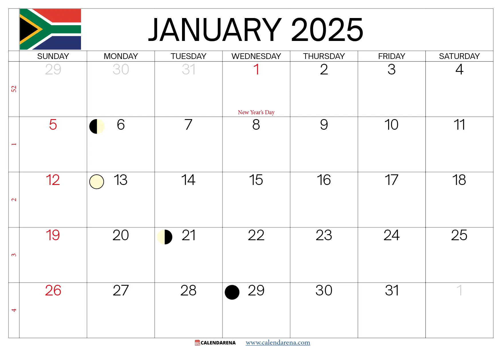 jan 2025 calendar south africa