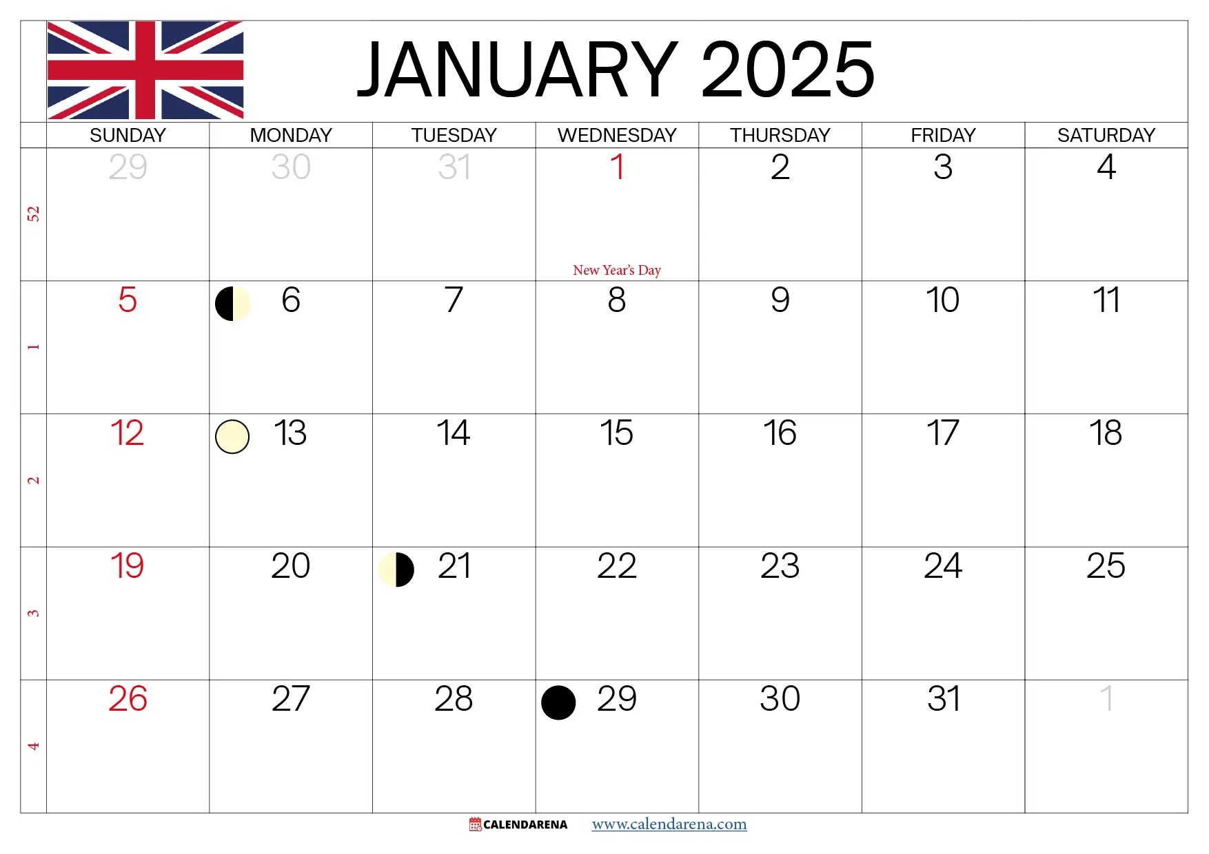 jan 2025 calendar uk