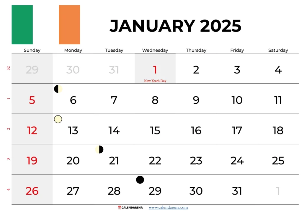 january 2025 calendar Ireland