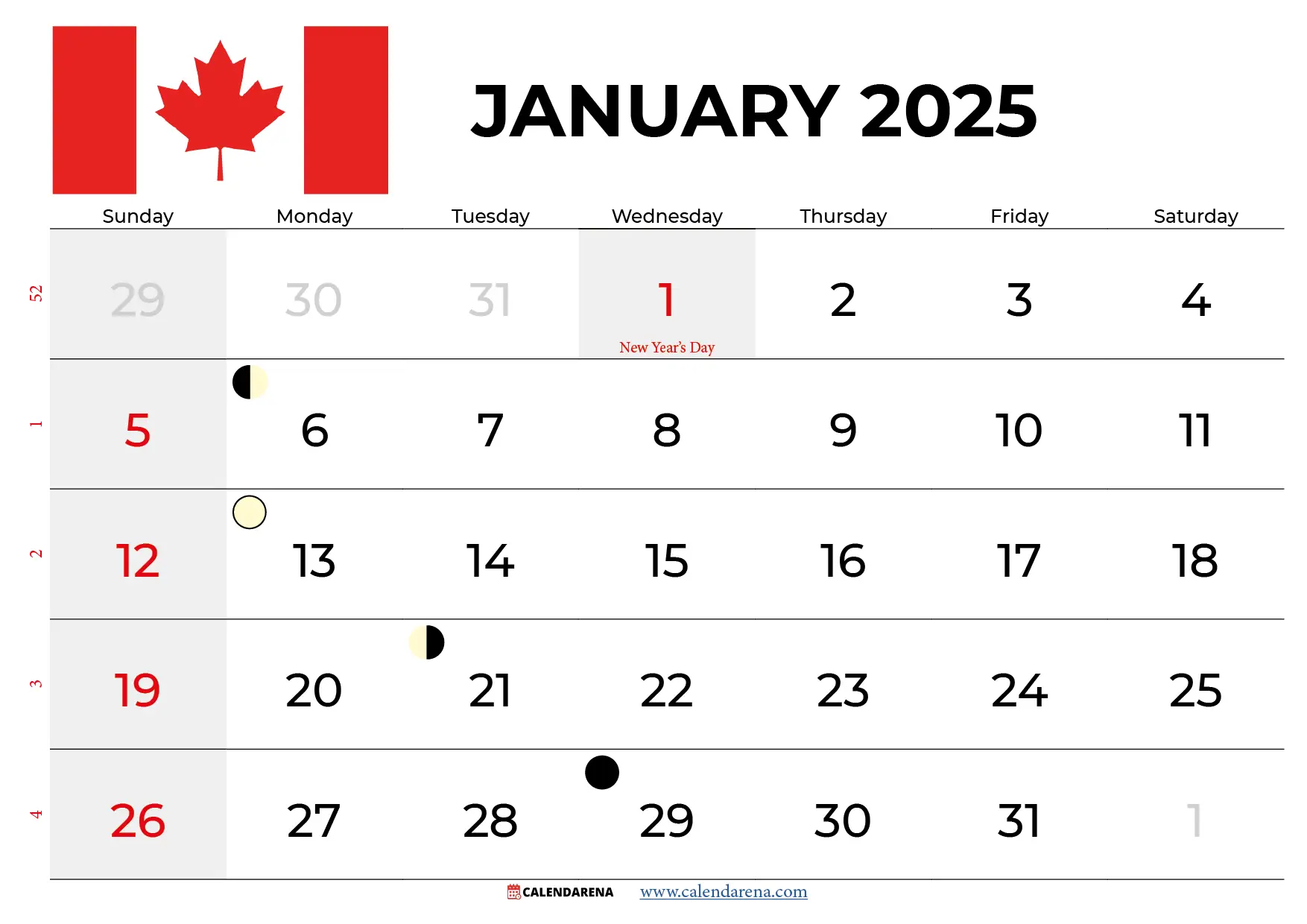 january 2025 calendar canada