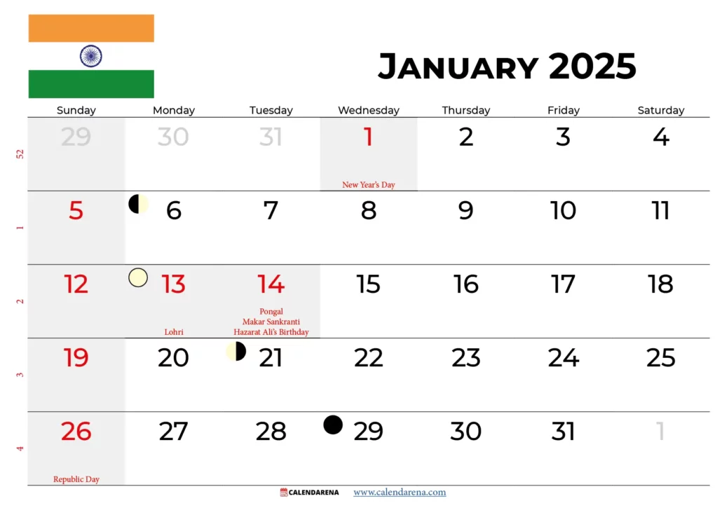 january 2025 calendar india