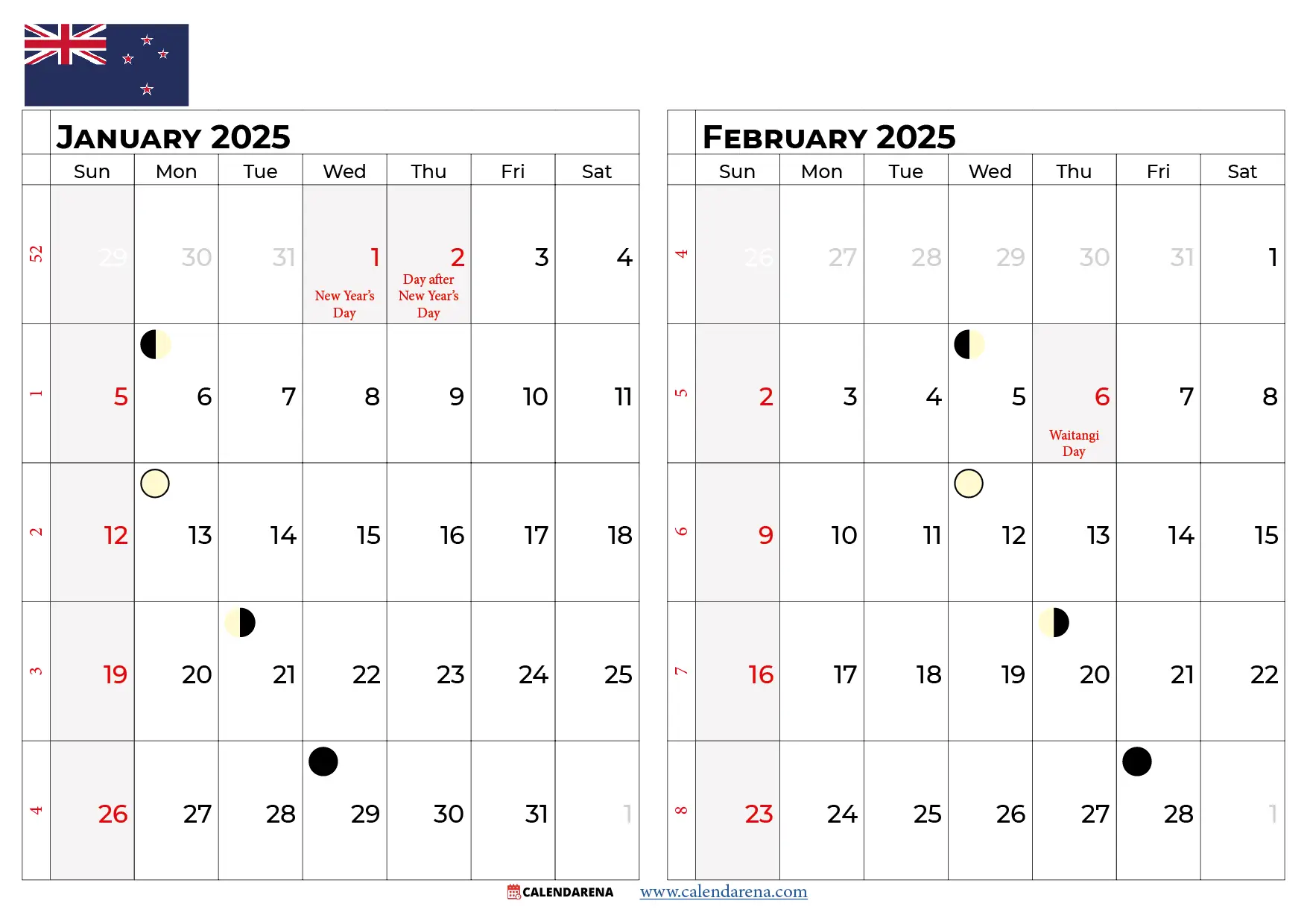 january february 2025 calendar NZ