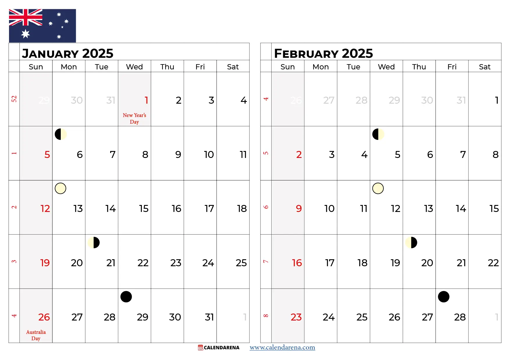 january february 2025 calendar australia