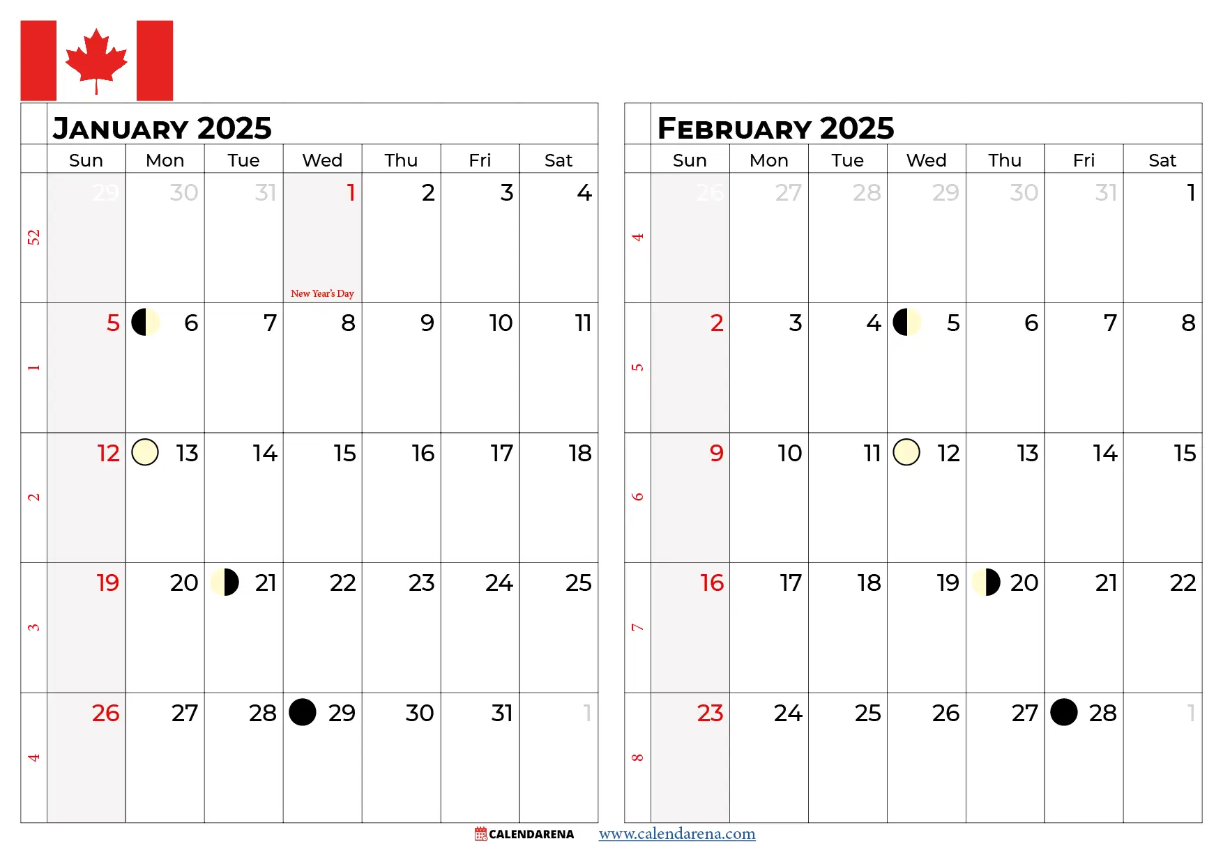 january february 2025 calendar canada