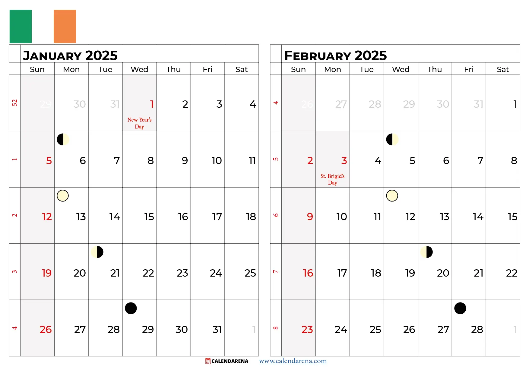 january february 2025 calendar ireland