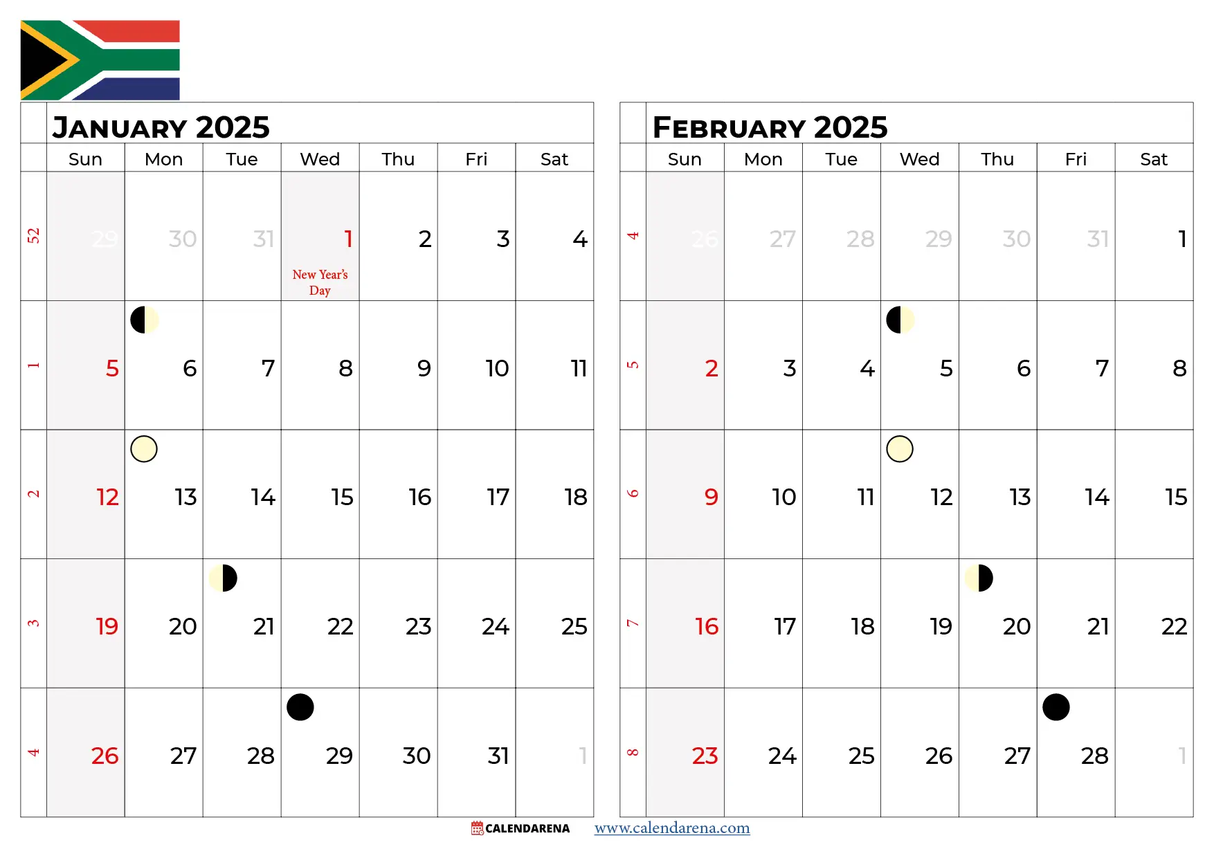 january february 2025 calendar south africa