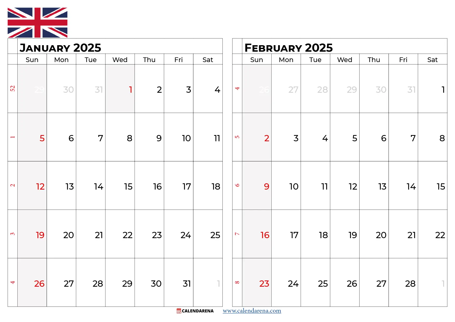 january february 2025 calendar uk