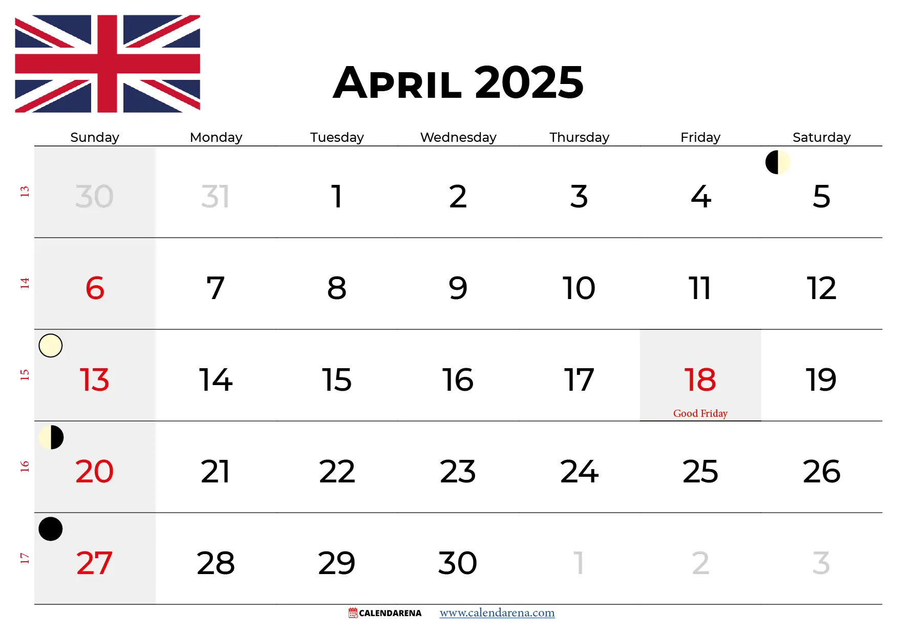 2025 Calendar April Uk