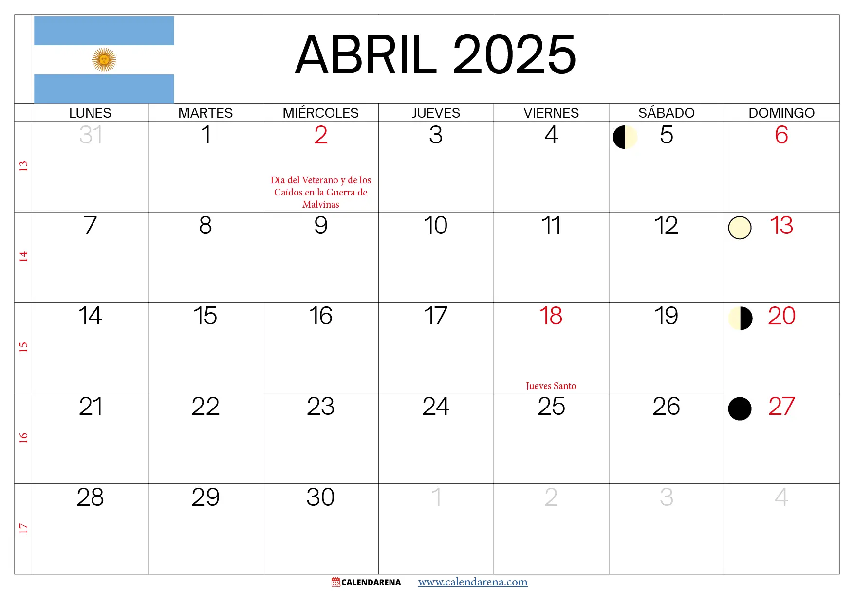 Abril 2025 Calendario Argentina