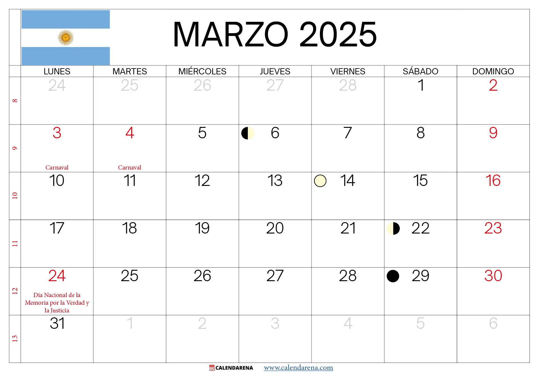 Almanaque Marzo 2025 Argentina