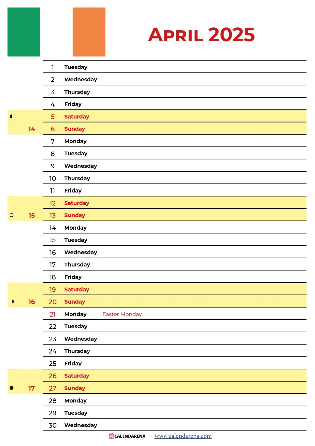 April 2025 Calendar Ireland with holidays