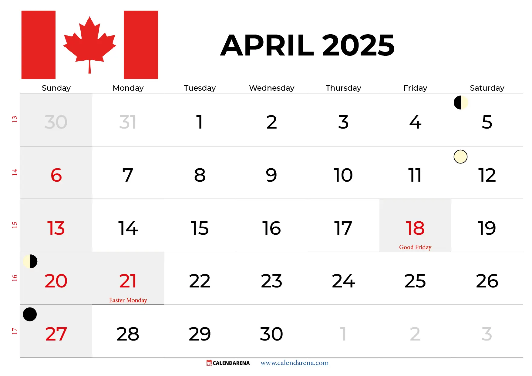 April 2025 Calendar Canada